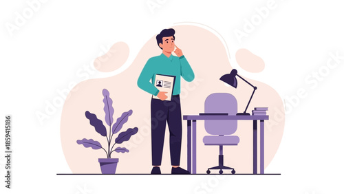 A young professional man contemplating while holding a curriculum vitae in a modern office setting