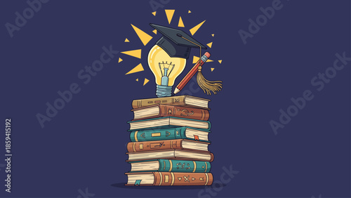 Education and knowledge concept with books and light bulb illustration.