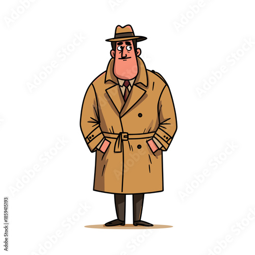 Cartoon detective man in a classic trench coat and fedora hat stands with his hands in his pockets, looking suspicious in a full-body noir style illustration
