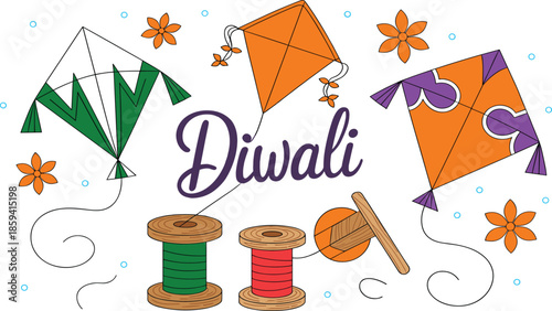 A Colorful Vector Illustration for Diwali Featuring Three Decorated Kites, Wooden String Spools, and Orange Flowers Against a White Background with Blue Confetti