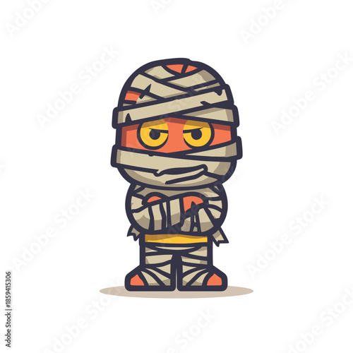 Cute cartoon mummy character with an angry expression and crossed arms stands looking annoyed in a simple flat vector illustration style for Halloween holiday themes