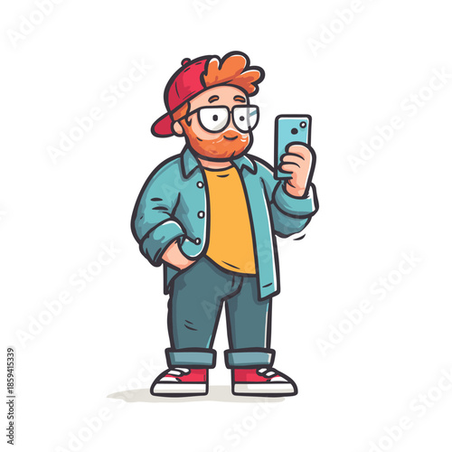 Friendly cartoon man with a red beard and glasses wearing a backwards cap and casual clothes smiles while looking at the screen of his modern smartphone