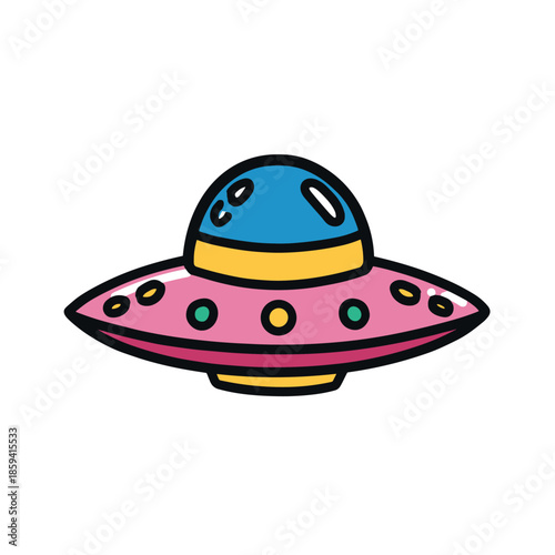 Colorful cartoon flying saucer illustration with a pink body, blue dome, and yellow details, rendered in a fun and whimsical doodle style for a cute sci-fi or space theme