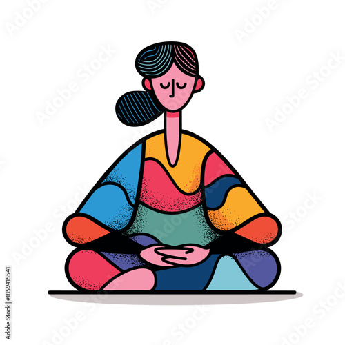 Stylized colorful illustration of a woman meditating peacefully in a lotus position, featuring bold outlines, vibrant abstract patterns, and a subtle texture for a calm and mindful feeling