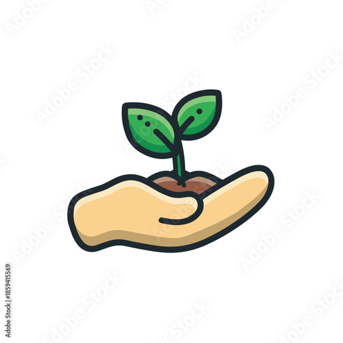 Stylized cartoon hand holding a small green seedling growing from a handful of soil, representing growth, care, and environmental concepts in a simple icon design