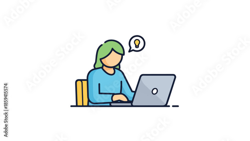 A woman working on a laptop with a thought bubble above her head, focused on the screen in a simple illustration style