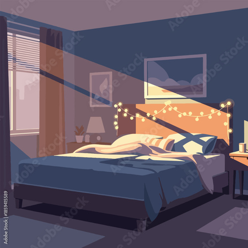 Bed with string lights on headboard.