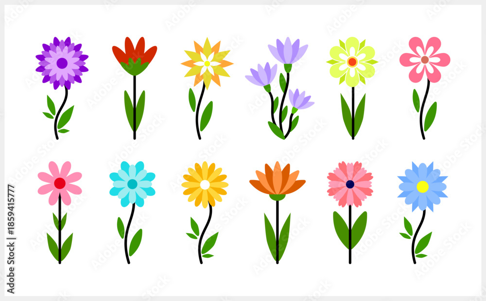 Obraz premium Colored flower with leaf icon isolated Cartoon branch natute clipart Vector stock illustration