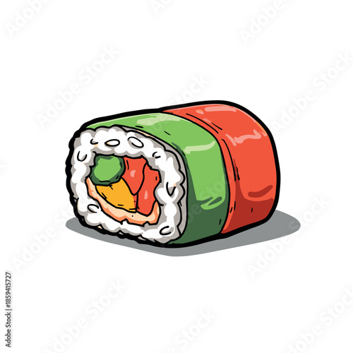 Colorful cartoon sushi maki roll illustration with fish and avocado in a hand-drawn comic book style, featuring bold outlines and a simple shadow for a pop art effect
