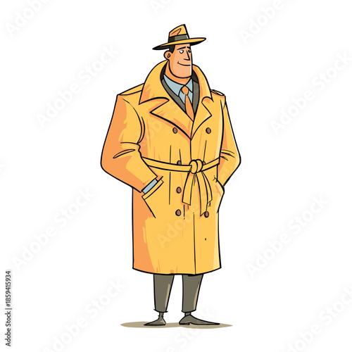 Cartoon detective man in a yellow trench coat and fedora hat stands confidently with his hands in his pockets, depicted in a classic retro comic book illustration style