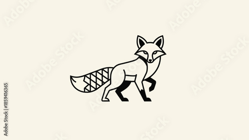 Elegant minimalist illustration of a fox walking with a detailed tail.