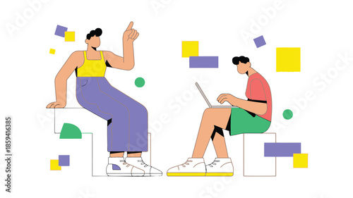 Two people collaborating on a project with one sitting on a box using a laptop and the other sitting on a box gesturing with their hand