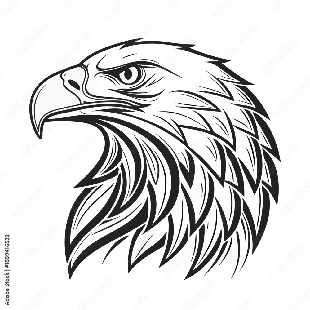 Obraz premium Majestic eagle head profile line art illustration, minimalist bald eagle vector symbol for logo and tattoo design.