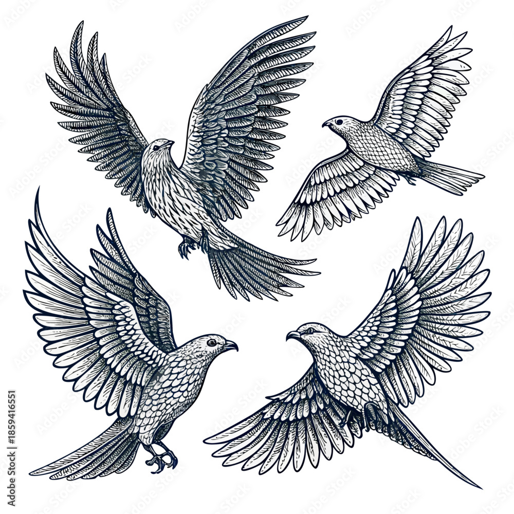 Obraz premium Hand drawn sketch of a bird in flight with wings spread, black and white ink illustration isolated on white background.