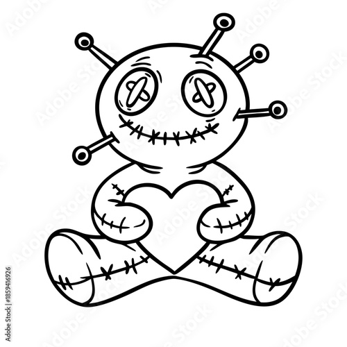 Vector illustration set of voodoo dolls with hearts and pins for love binding and relationship concepts. Isolated line art poppets for gothic valentine and mystical themes.
