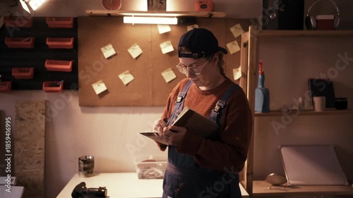 Young professional female handyman in overalls writing notes in craft workshop