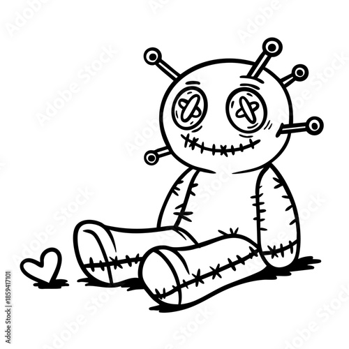 Vector illustration set of voodoo dolls with hearts and pins for love binding and relationship concepts. Isolated line art poppets for gothic valentine and mystical themes.
