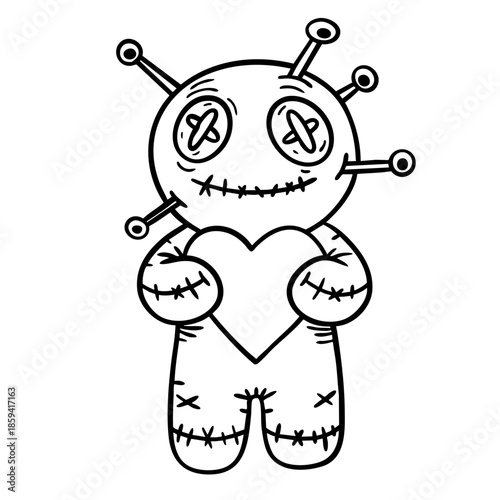 Vector illustration set of voodoo dolls with hearts and pins for love binding and relationship concepts. Isolated line art poppets for gothic valentine and mystical themes.
