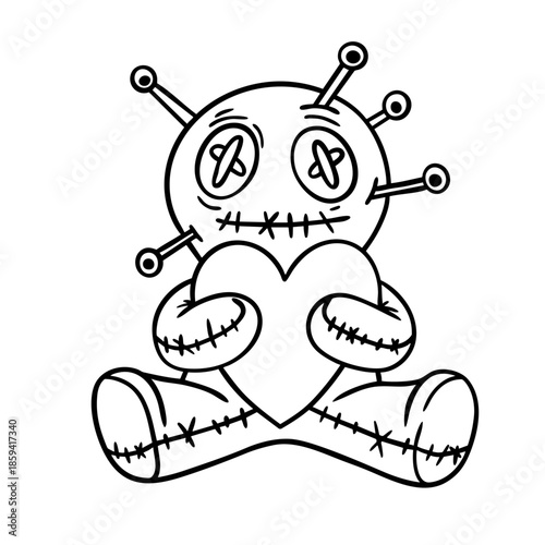 Vector illustration set of voodoo dolls with hearts and pins for love binding and relationship concepts. Isolated line art poppets for gothic valentine and mystical themes.
