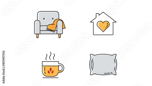 Cozy home interior with sofa, love, beverage, and pillow icons representing comfort and relaxation.