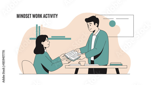 illustration depicting a professional setting where a man and woman are engaged in a mindset work
