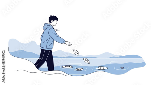 illustration of a person gracefully throwing leaves into a calm river on a serene day