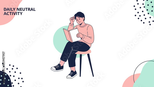illustration of a person engaging in daily neutral activity reading a book comfortably seated on a