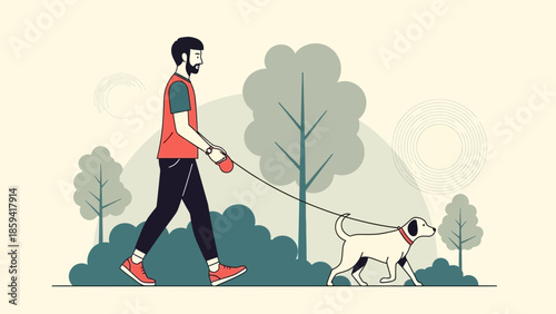 Illustration of a man with a beard walking his dog in a park during daytime with trees and