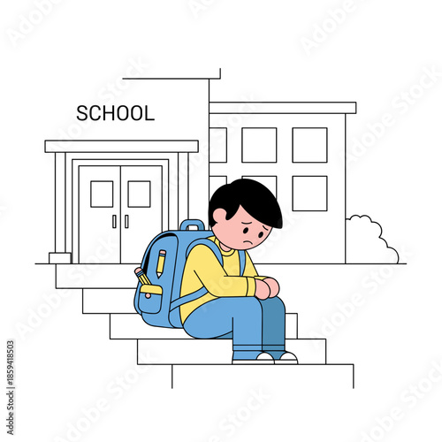 Sad boy sitting on school steps with backpack after lessons  