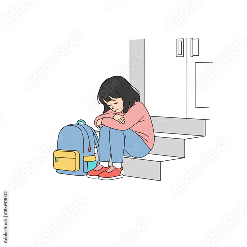 Young girl sitting on steps looking sad with backpack beside her  