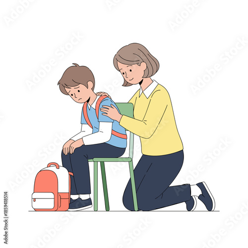 Mother comforting young boy sitting on chair with backpack  
