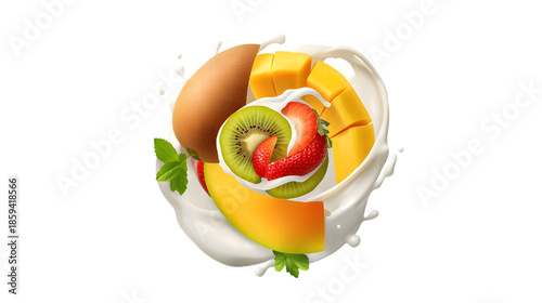 A Fruitful Embrace: A vibrant composition of fresh fruits and a single egg swirls gracefully, embraced by a splash of creamy milk, symbolizing vitality and the purity of natural ingredients.