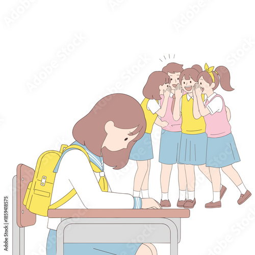 Girl studying at desk while classmates gossiping behind her  