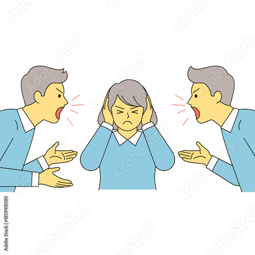 Woman covering ears while two men argue in colorful illustration  