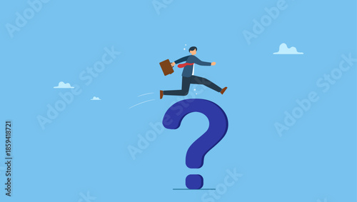 Businessman jump over big question mark sign. Solution to solve business problem, answer to hard question or ambition to overcome obstacle.