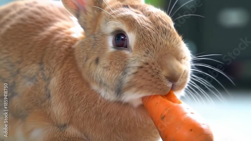 Close-up of a cute fluffy brown rabbit enjoying a fresh orange carrot outdoors on a sunny day.