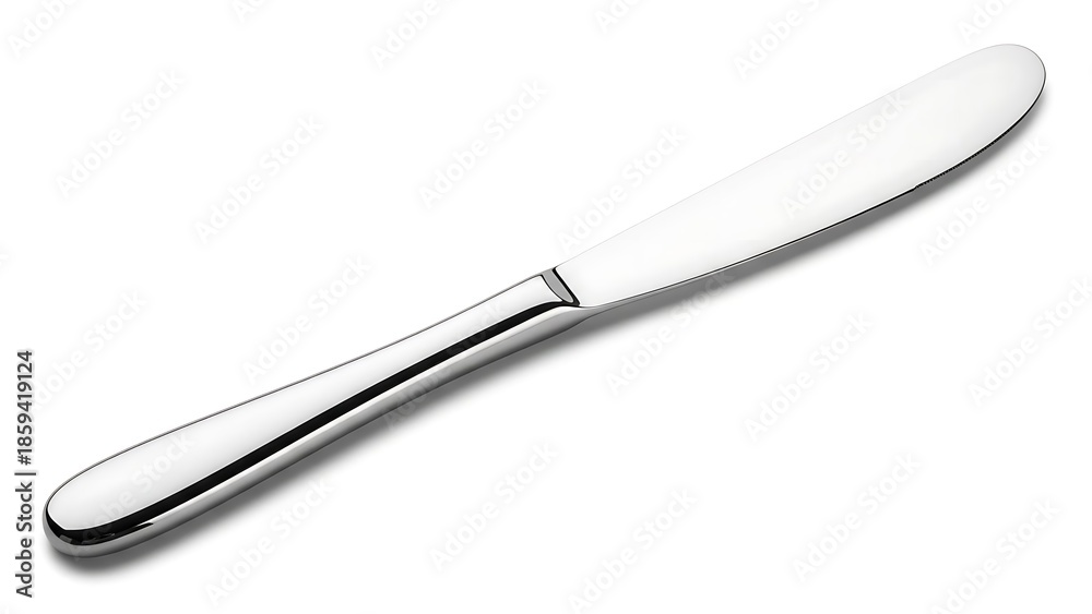 Fototapeta premium A modern polished stainless steel butter knife sits isolated on a clean white background