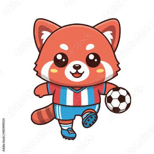​Cute Red Panda Soccer Player Mascot Character with Football Ball