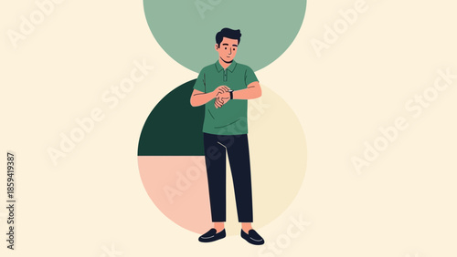 Casual young man looking at his smartwatch with minimalist background design