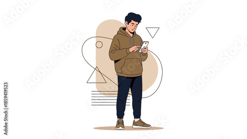 Casual young man using smartphone with abstract geometric background and minimalist style