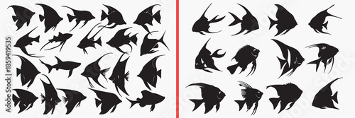 fish silhouettes vector, aquatic animal clipart, sea fish svg, marine life illustration, underwater fish graphics, black fish silhouettes, ocean vector art, fish shape collection, wildlife fish design