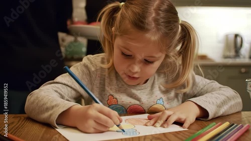 Adorable Little Girl with Pigtails Concentrating on Drawing with Colored Pencils.