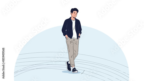 Casual young man walking confidently outdoors in modern streetwear with a relaxed style