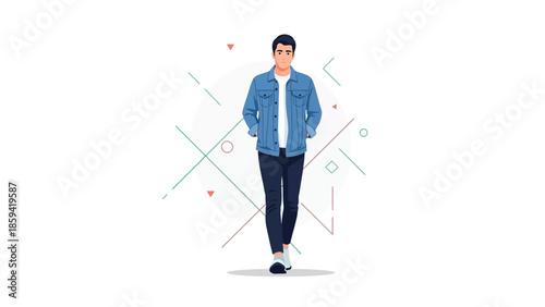 Casual young man walking confidently with hands in pockets standing against minimal geometric