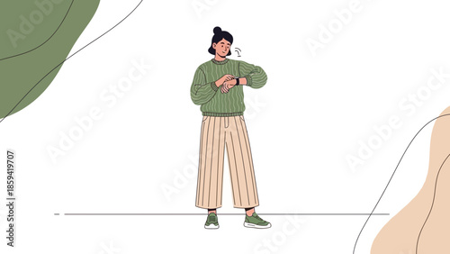 Casual young woman browsing on her smartphone dressed in trendy outfit with wide-legged pants and