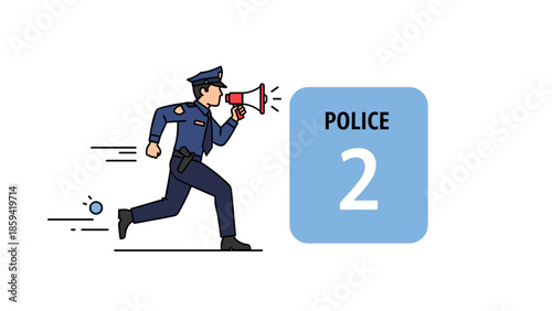 Police officer running with megaphone near blue sign with number two