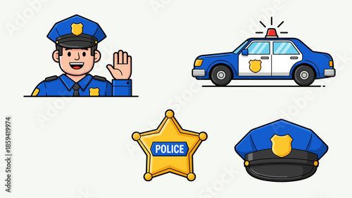 Police officer waving with police car, badge, and hat in a graphic illustration