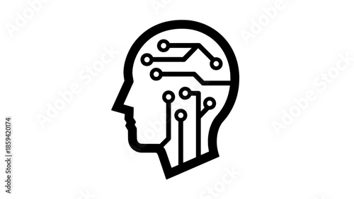 A profile view of a human head with circuit board elements inside, symbolizing artificial intelligence and technology integration in a simple graphic illustration.