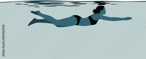 Woman swimming underwater in blue tones on transparent background

