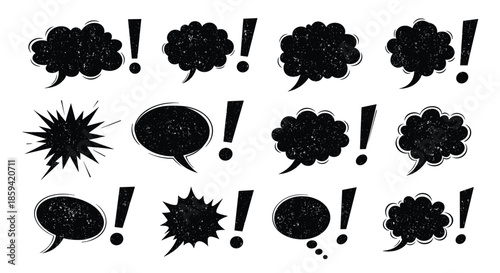 A collection of black, grunge-textured comic book style speech bubbles and exclamation marks, providing a distressed, hand-stamped look for dynamic designs.